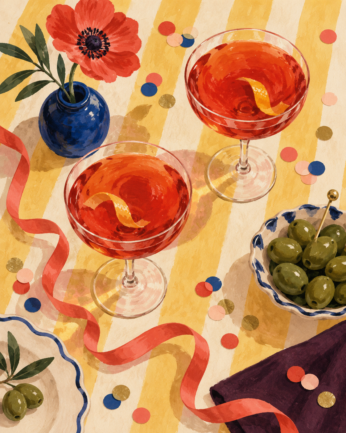 Painted cocktail glasses, ribbon and olives on a striped tablecloth